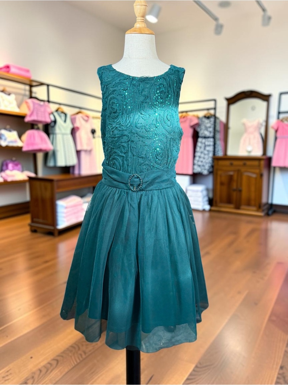 Amy Byer Teal Embellished Chiffon Party Dress with Decorative Belt